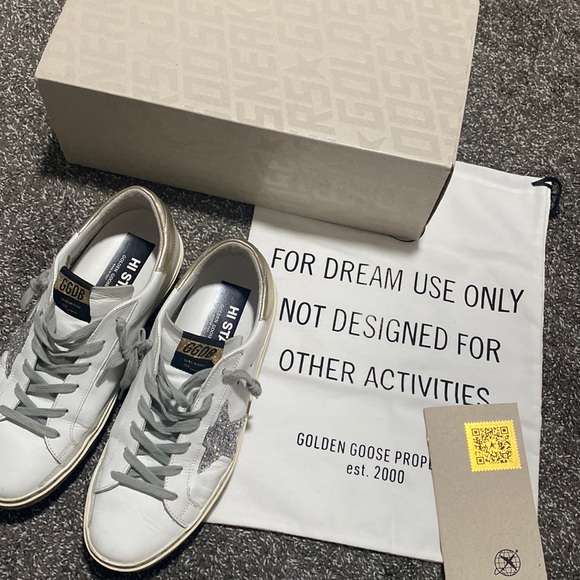 Golden Goose hi star white leather with silver sparkle star logo